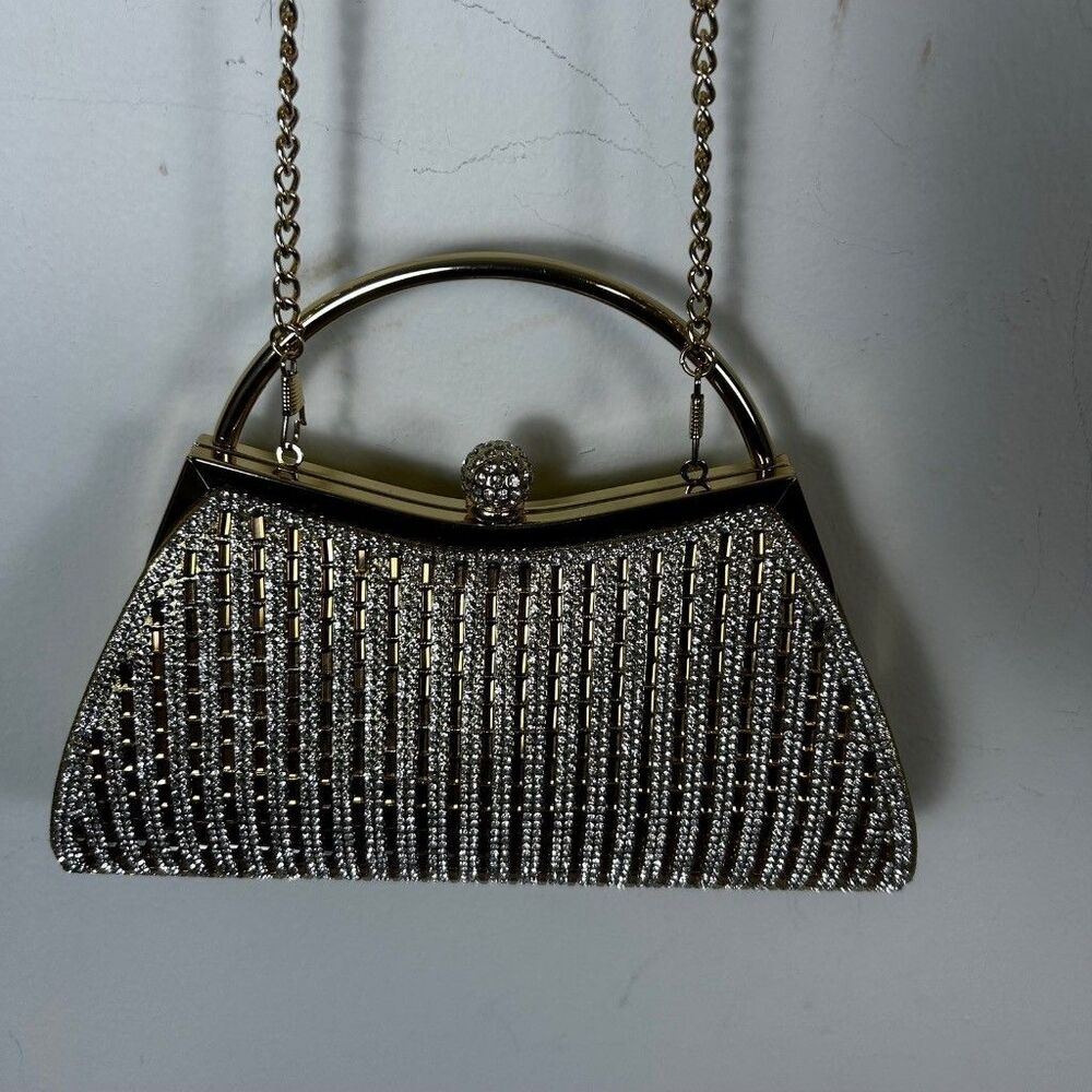 Gold Rhinestone Evening Clutch Bag Crystal Prom Wedding Party Handbag with Chain
